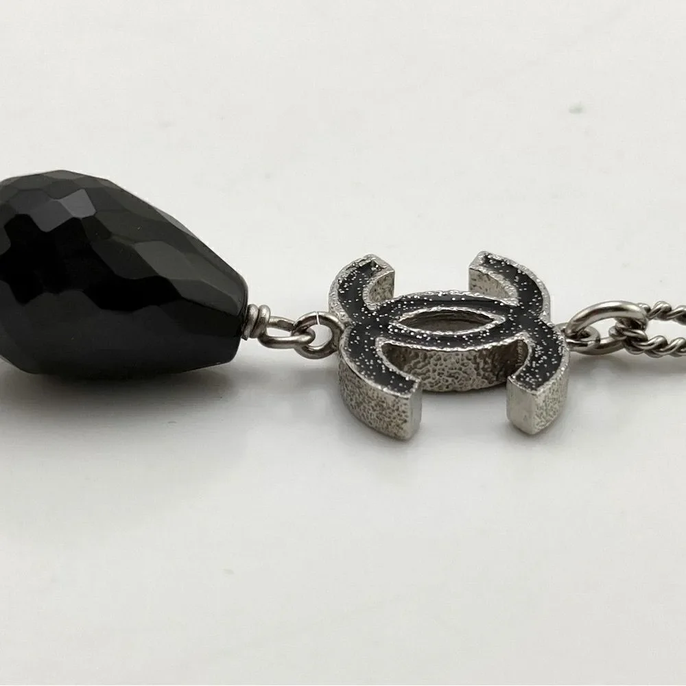 Authentic Chanel Gunmetal CC Logo Necklace Black Teardrop Pendant full inclusion